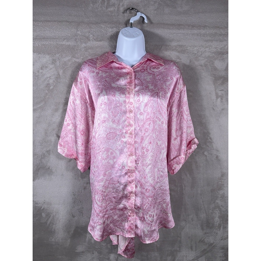 Frankies Bikinis Silk Button Down Shirt Womens Large Pink Paisley Cover Up